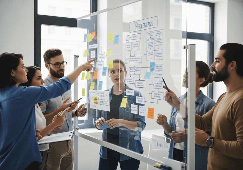 A focused and collaborative team works together on a project management strategy, mapping out ideas on a glass wall with flowcharts and sticky notes in a bright, modern office setting.